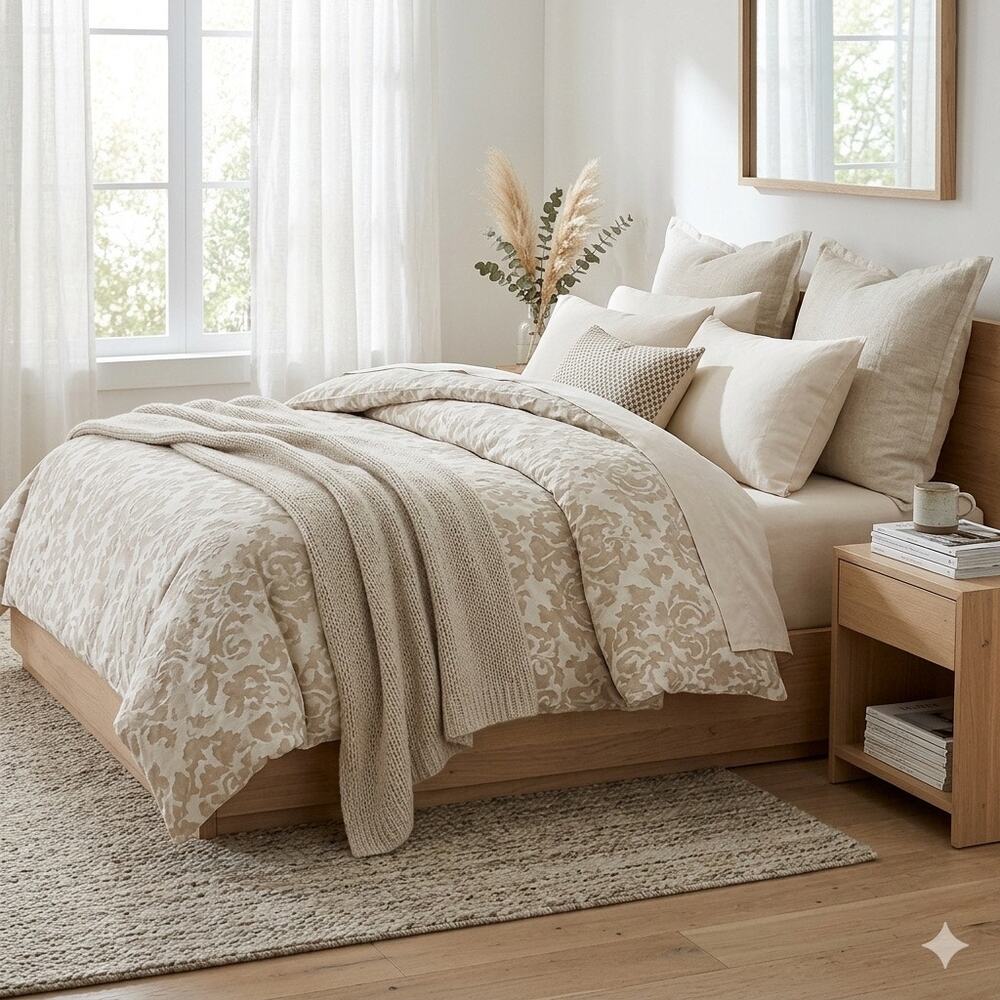 Pottery Barn King Duvet Cover Jacquard Medallion Linen Blend Neutral Tan 108x92